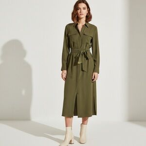 Polo Ralph Lauren Olive Green Long Sleeve Silk Midi Shirt Dress Size 6